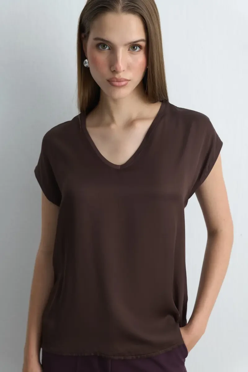 V-Neck Viscose Satin Front T-Shirt - Brown - 1
