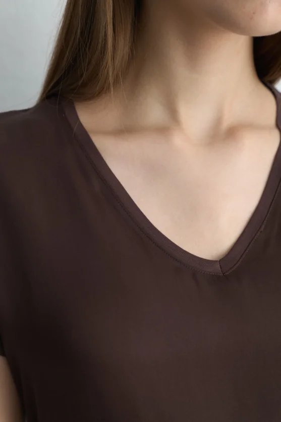V Neck Viscose Satin Front T Shirt Brown - 3