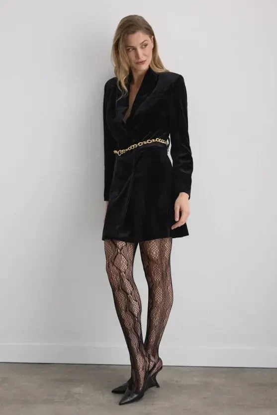 Velvet Blazer Dress with Chain Belt - Black - 4