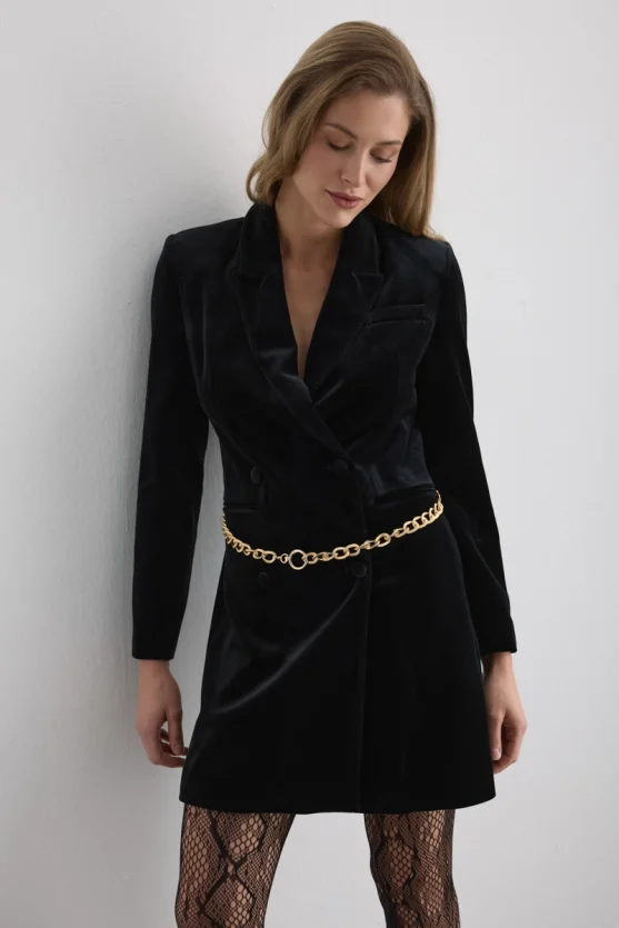Velvet Blazer Dress with Chain Belt Black - 3