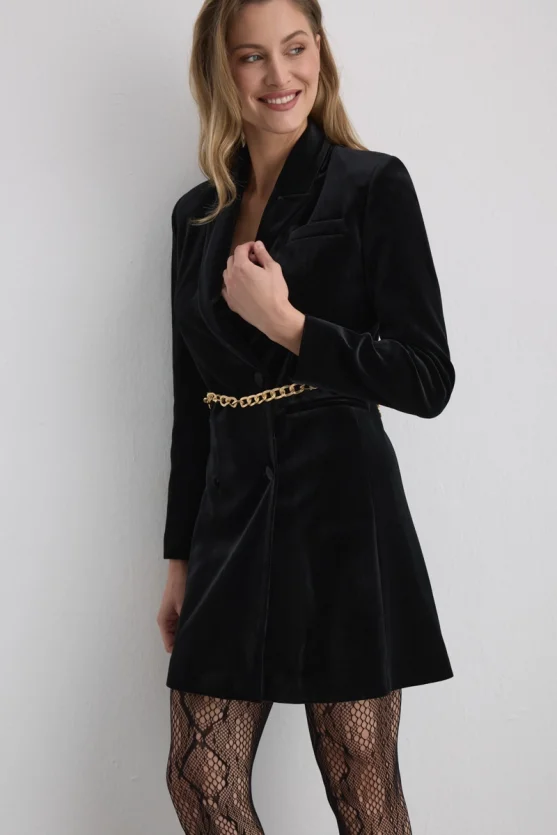 Velvet Blazer Dress with Chain Belt Black - Gusto