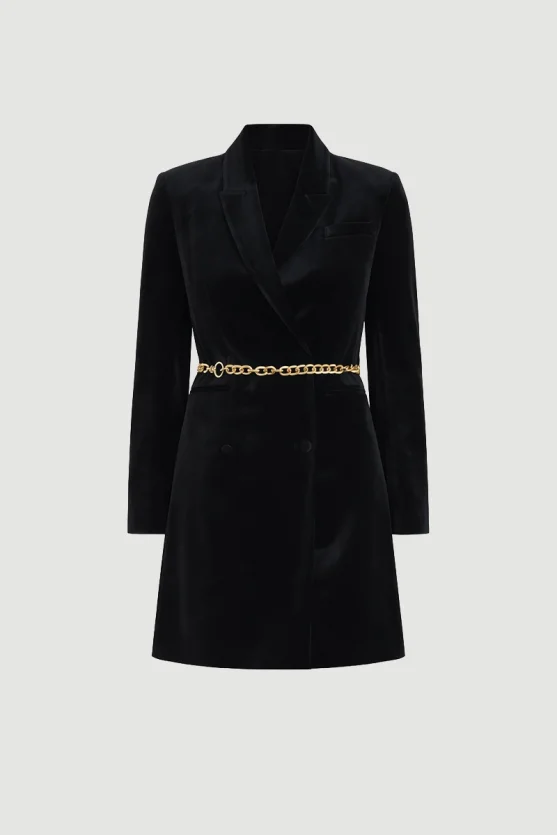 Velvet Blazer Dress with Chain Belt Black - Gusto