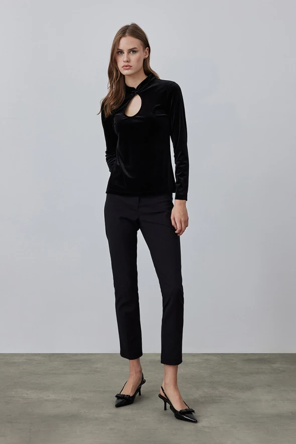 Velvet Blouse with Drop Detail - Black - 2