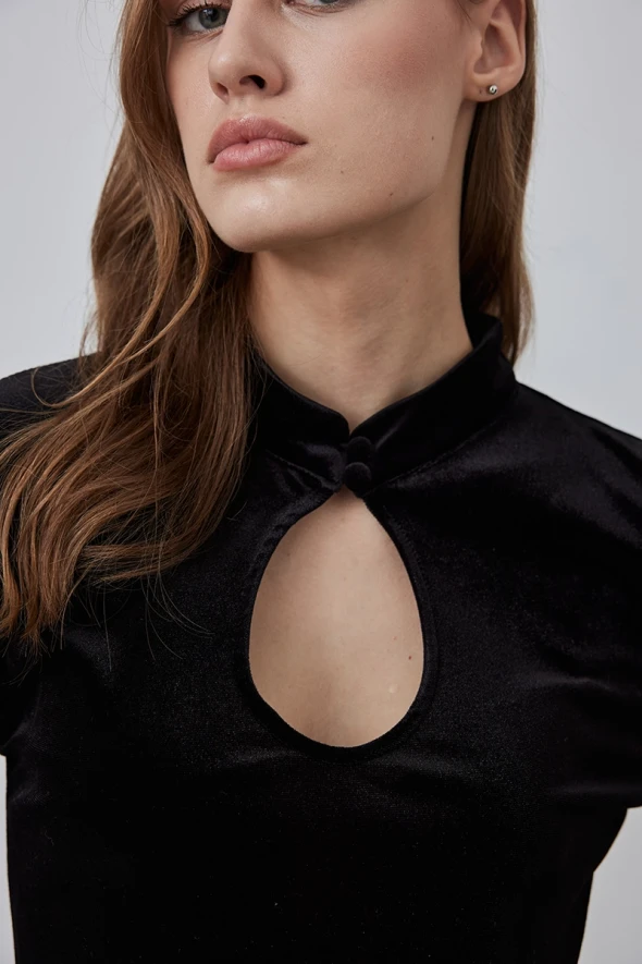 Velvet Blouse with Drop Detail - Black - 3