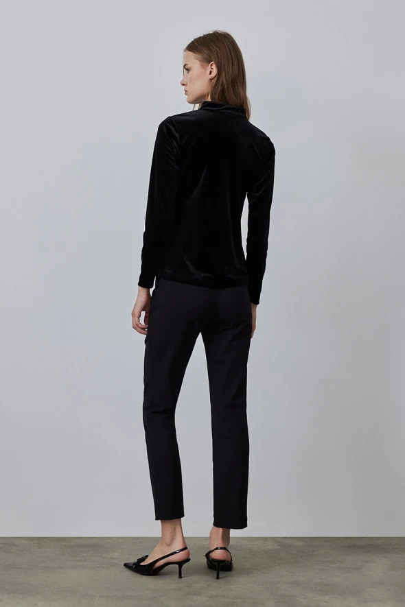 Velvet Blouse with Drop Detail - Black - 4