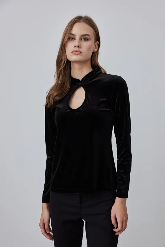 Velvet Blouse with Droplet Detail - Black - 1