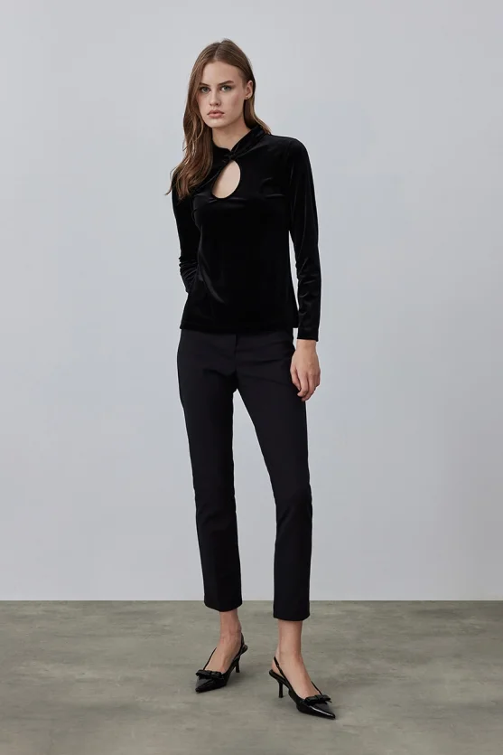 Velvet Blouse with Droplet Detail - Black - 2