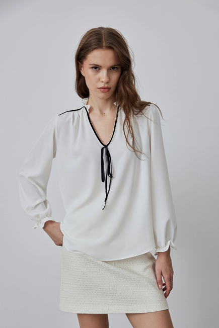 Velvet Blouse with Ruffled Collar - Ecru Ecru