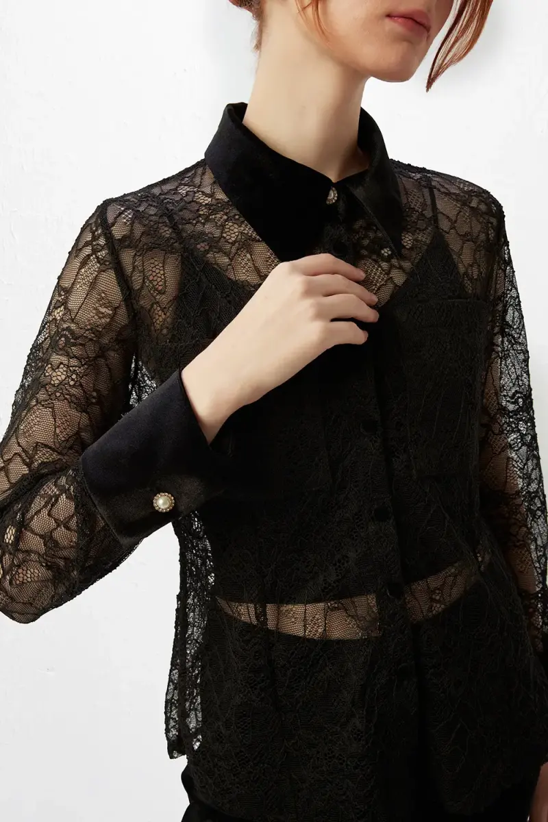 Velvet Collared Lace Shirt - Black - 5