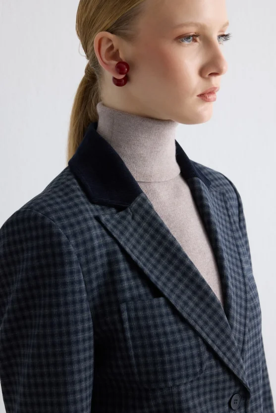 Velvet Collared Mini Check Jacket - Navy - Gusto