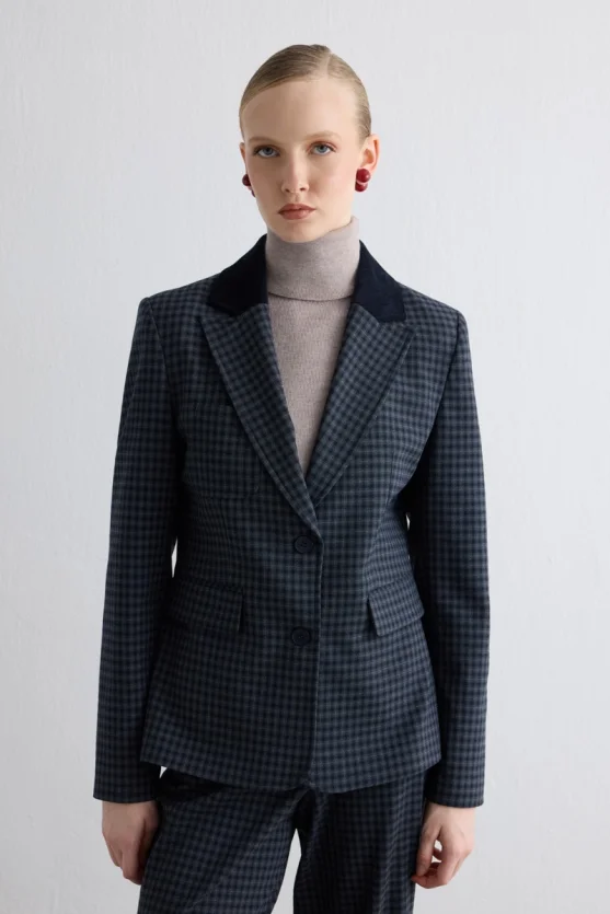 Velvet Collared Mini Check Jacket - Navy - 2