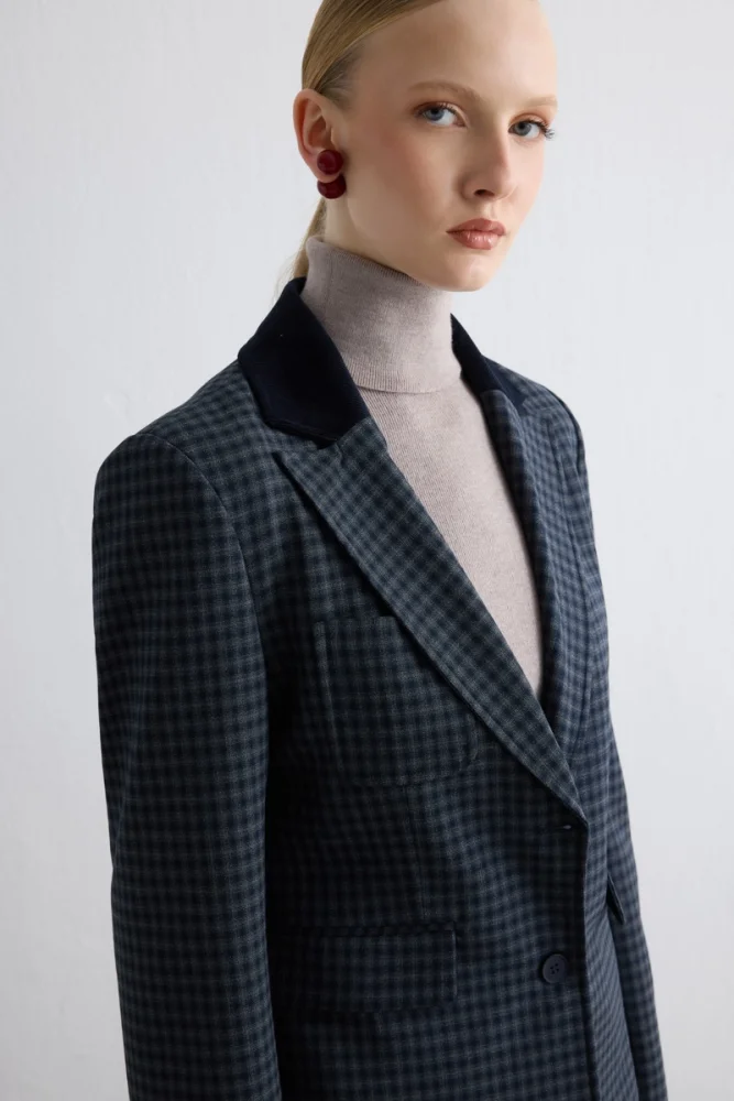Velvet Collared Mini Check Jacket Navy Navy Blue