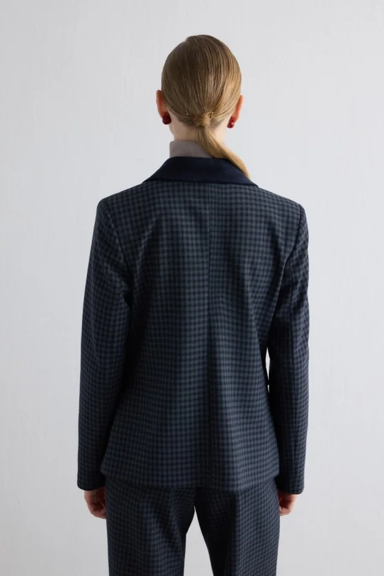 Velvet Collared Mini Check Jacket Navy - 5