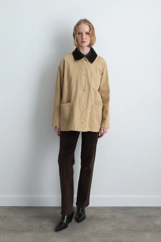 Velvet Collared Relaxed Fit Canvas Jacket - Beige - 4