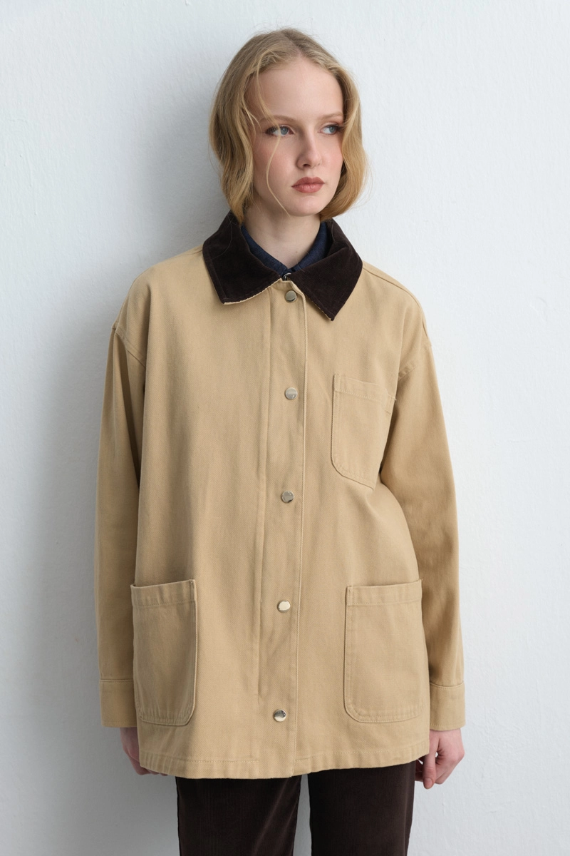Velvet Collared Relaxed Fit Canvas Jacket - Beige Beige