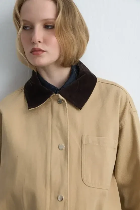 Velvet Collared Relaxed Fit Canvas Jacket - Beige - 5