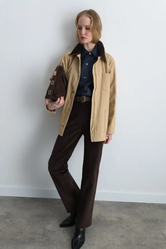 Velvet Collared Relaxed Fit Canvas Jacket Beige - 3