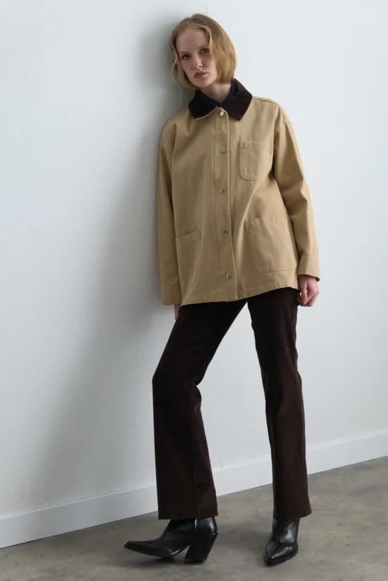 Velvet Collared Relaxed Fit Canvas Jacket Beige - Gusto