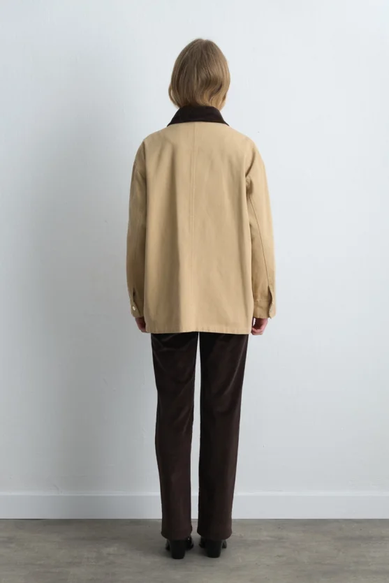 Velvet Collared Relaxed Fit Canvas Jacket Beige - 8