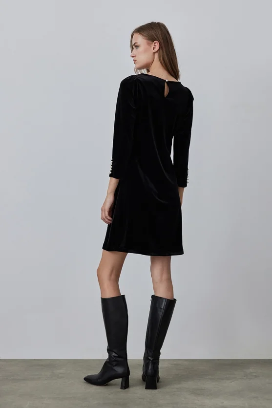 Velvet Dress with Pearl Buttoned Sleeves - Black - Gusto