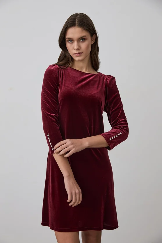 Velvet Dress with Pearl Buttoned Sleeves - Burgundy - 3