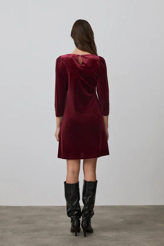 Velvet Dress with Pearl Buttoned Sleeves - Burgundy - 6