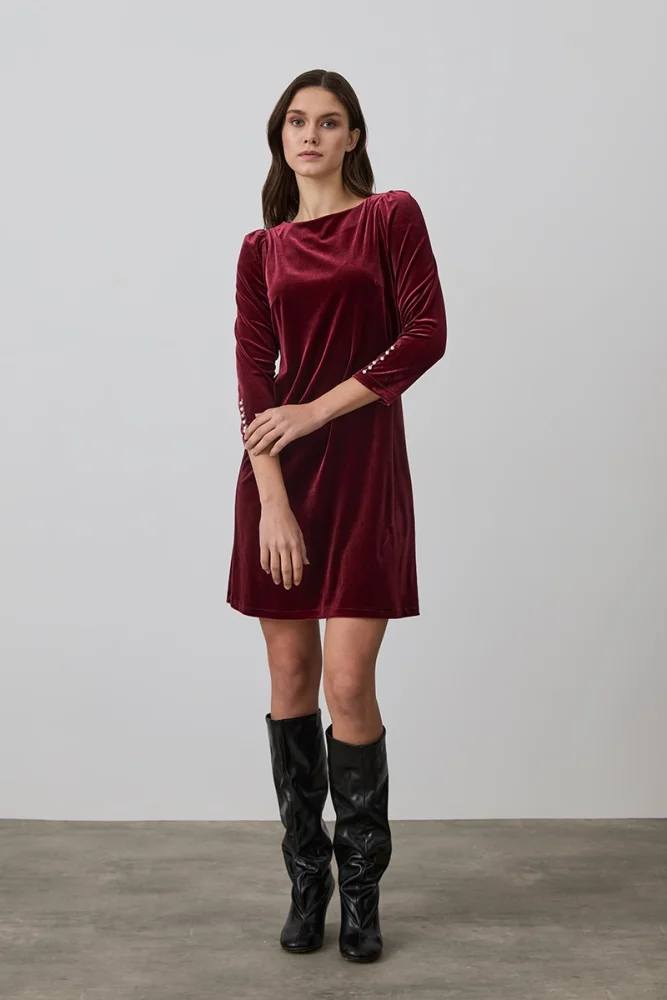 Velvet Dress with Pearl Buttoned Sleeves - Burgundy Burgundy