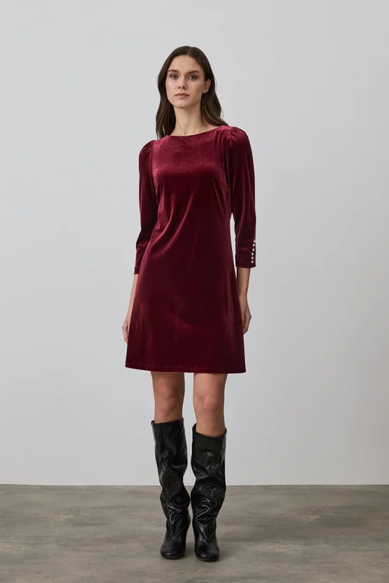 Velvet Dress with Pearl Buttoned Sleeves - Burgundy - Gusto