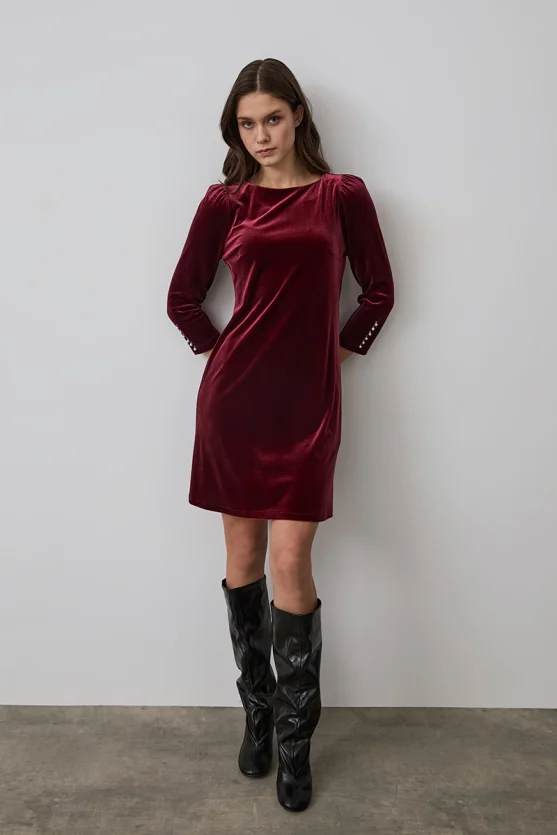 Velvet Dress with Pearl Buttoned Sleeves - Burgundy - 4