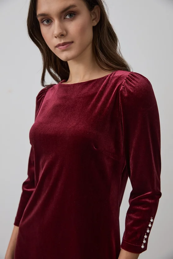 Velvet Dress with Pearl Buttoned Sleeves - Burgundy - 5