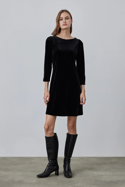 Velvet Dress with Pearl Buttons on Sleeves - Black Black