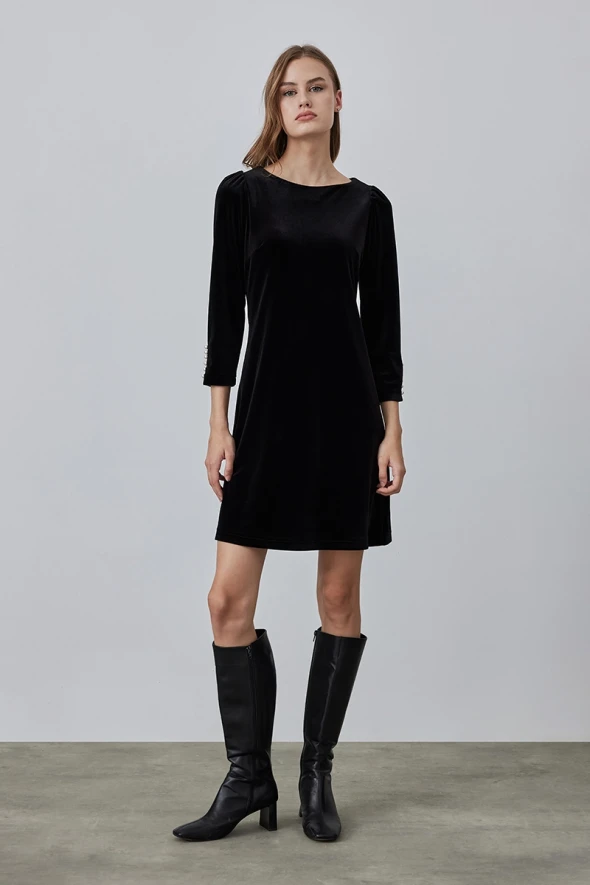 Velvet Dress with Pearl Buttons on Sleeves - Black - 1