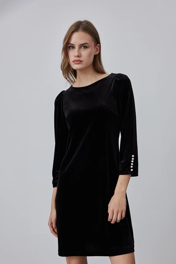 Velvet Dress with Pearl Buttons on Sleeves - Black - 2