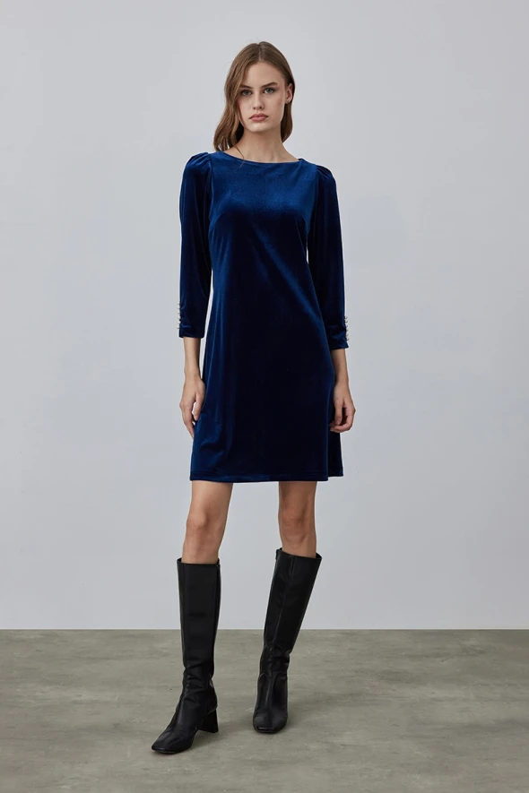 Velvet Dress with Pearl Buttons on Sleeves - Navy Blue - 1