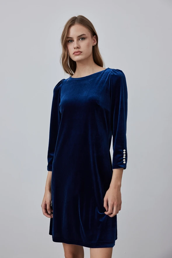 Velvet Dress with Pearl Buttons on Sleeves - Navy Blue - 2