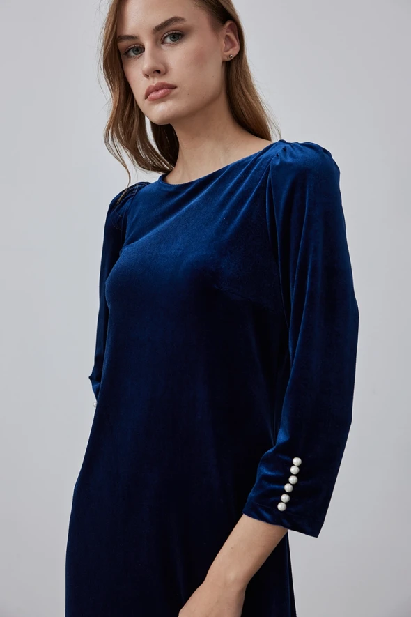 Velvet Dress with Pearl Buttons on Sleeves - Navy Blue - 3