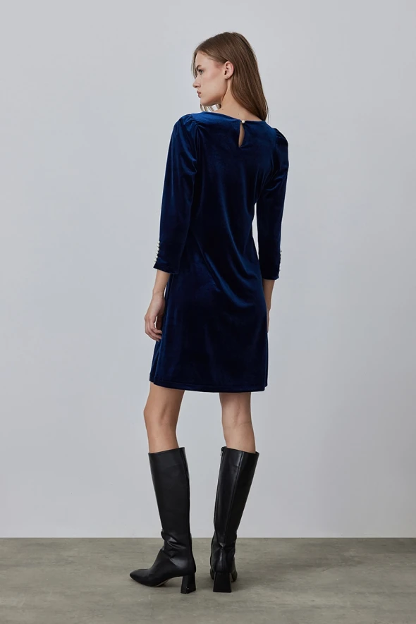 Velvet Dress with Pearl Buttons on Sleeves - Navy Blue - 4