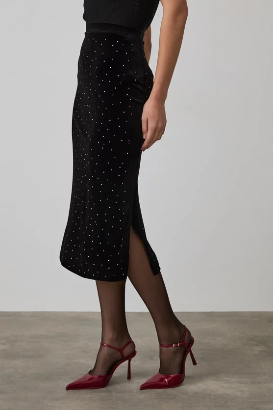 Velvet Embellished Midi Skirt - Black - 3