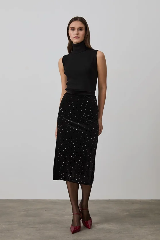 Velvet Embellished Midi Skirt - Black - Gusto