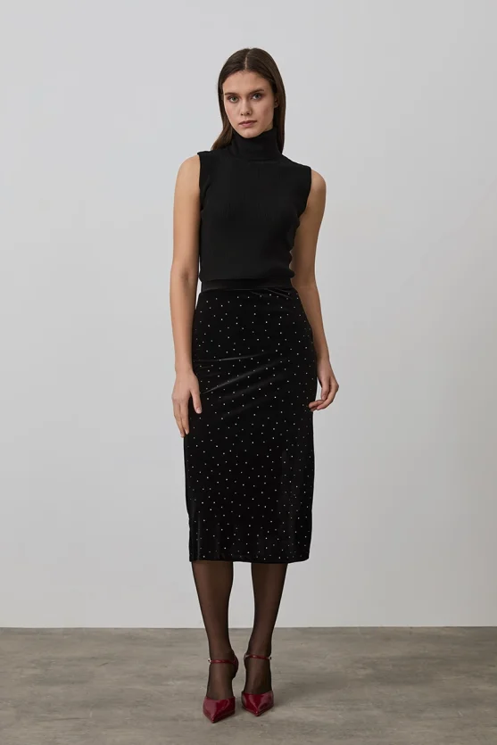 Velvet Embellished Midi Skirt - Black - Gusto