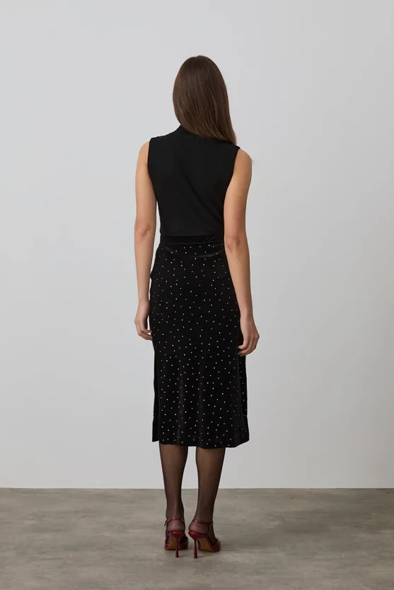 Velvet Embellished Midi Skirt - Black - 5