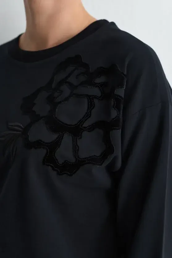 Velvet Embroidered Cotton Sweatshirt - Black - 3