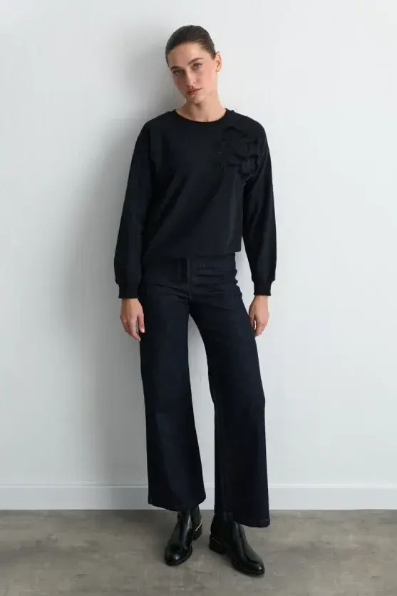 Velvet Embroidered Cotton Sweatshirt - Black - 1