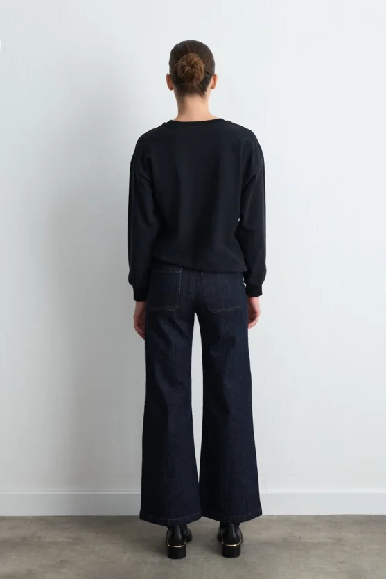 Velvet Embroidered Cotton Sweatshirt Black - 5