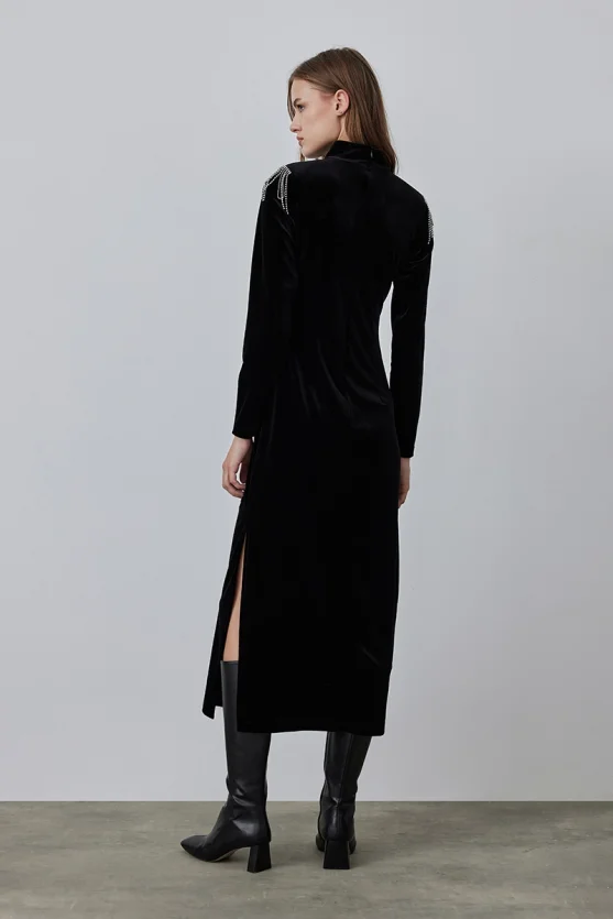 Velvet Evening Dress with Embellished Shoulders - Black - Gusto