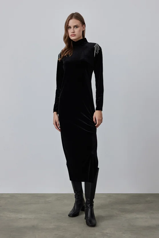 Velvet Evening Dress with Embellished Shoulders - Black - 1