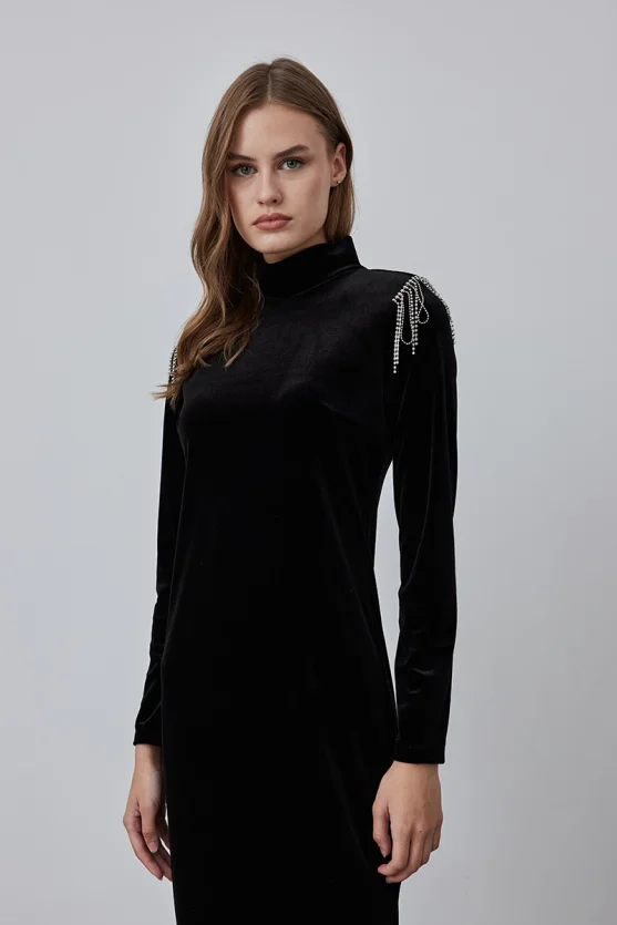 Velvet Evening Dress with Embellished Shoulders - Black - 2