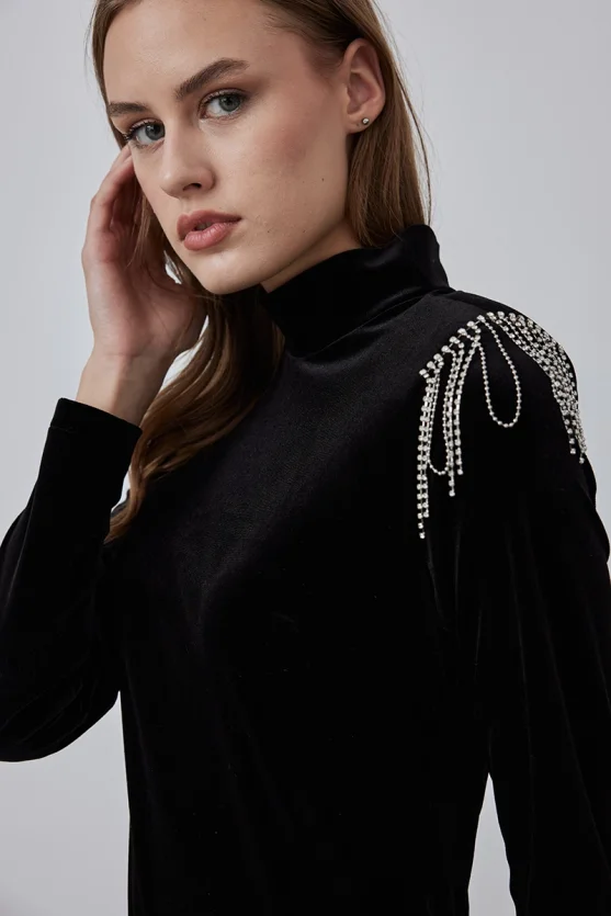 Velvet Evening Dress with Embellished Shoulders - Black - 3