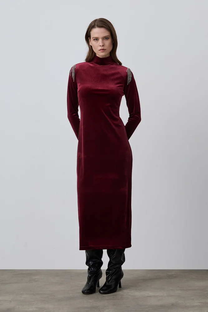 Velvet Evening Dress with Embellished Shoulders - Burgundy