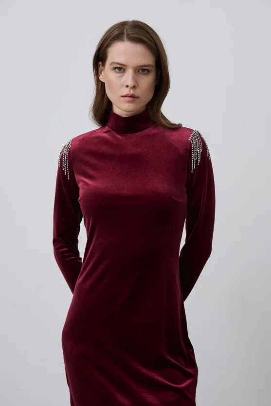 Velvet Evening Dress with Embellished Shoulders - Burgundy - 2